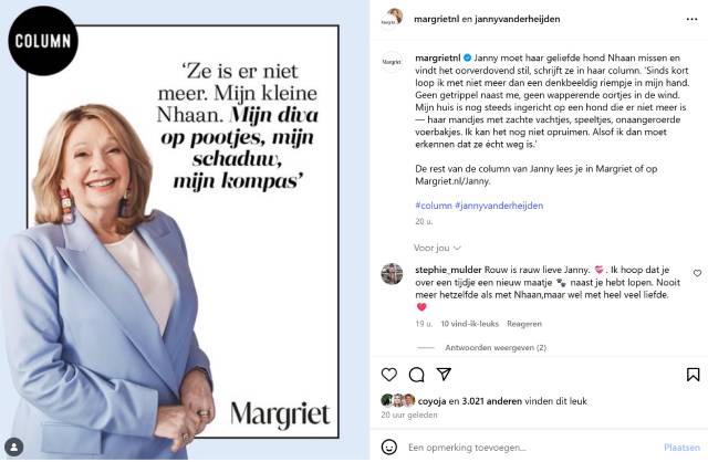 Instragram-bericht over de column van Janny.